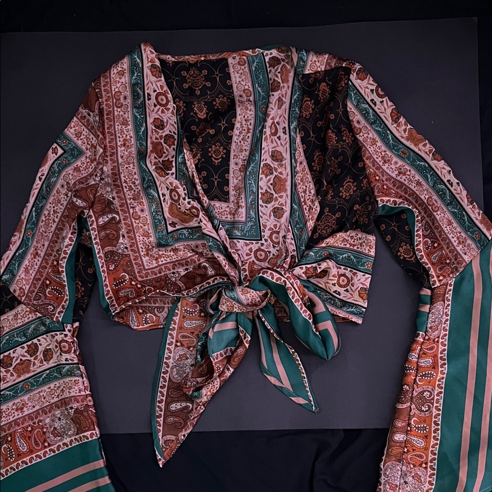 Cider Multicolor Boho Tie-Front Blouse